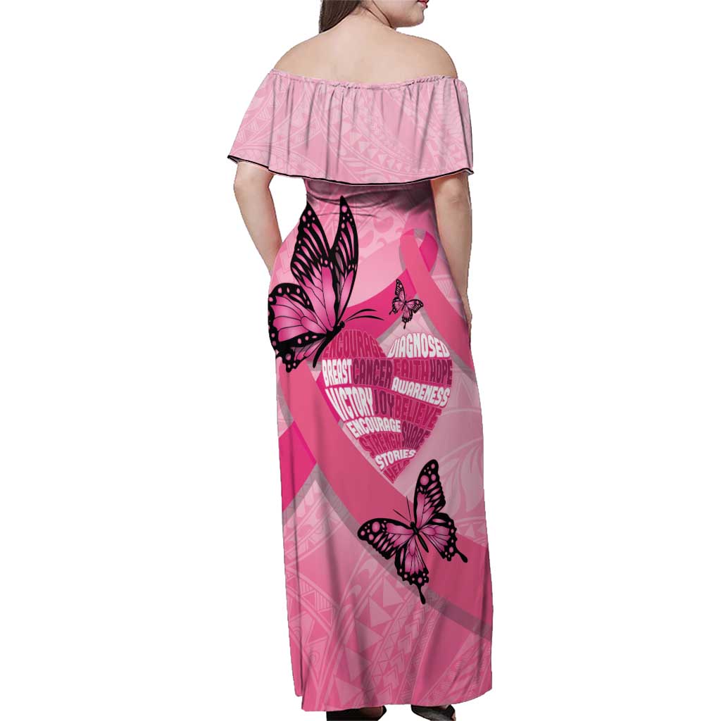 Polynesia Breast Cancer Awareness Month Family Matching Off Shoulder Maxi Dress and Hawaiian Shirt Pink Ribbon Mix Butterflies