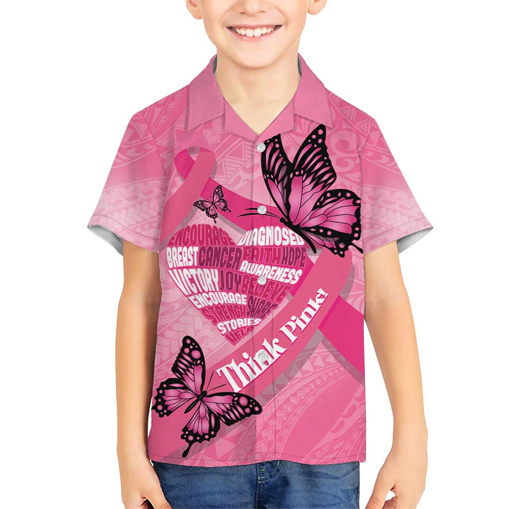 Polynesia Breast Cancer Awareness Month Family Matching Short Sleeve Bodycon Dress and Hawaiian Shirt Pink Ribbon Mix Butterflies