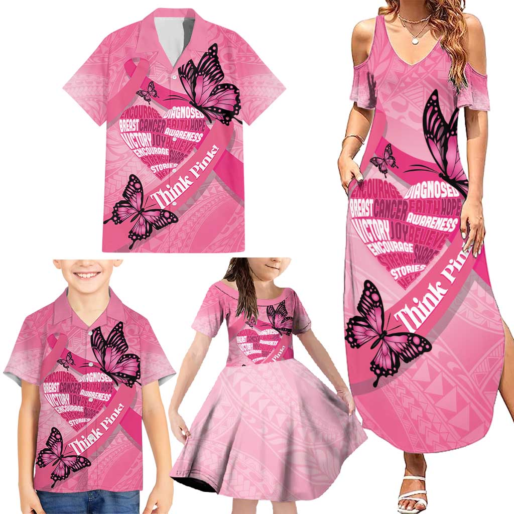 Polynesia Breast Cancer Awareness Month Family Matching Summer Maxi Dress and Hawaiian Shirt Pink Ribbon Mix Butterflies