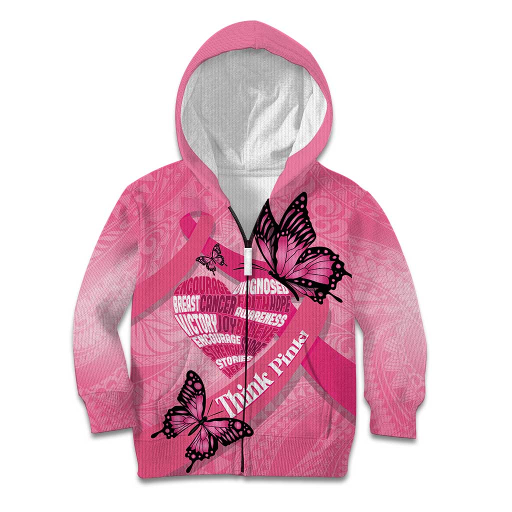 Polynesia Breast Cancer Awareness Month Kid Hoodie Pink Ribbon Mix Butterflies
