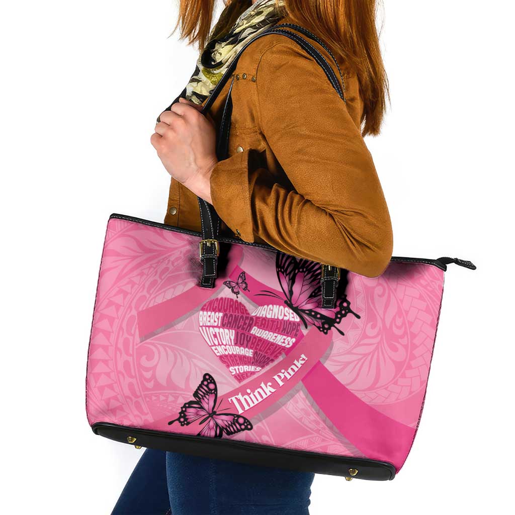 Polynesia Breast Cancer Awareness Month Leather Tote Bag Pink Ribbon Mix Butterflies