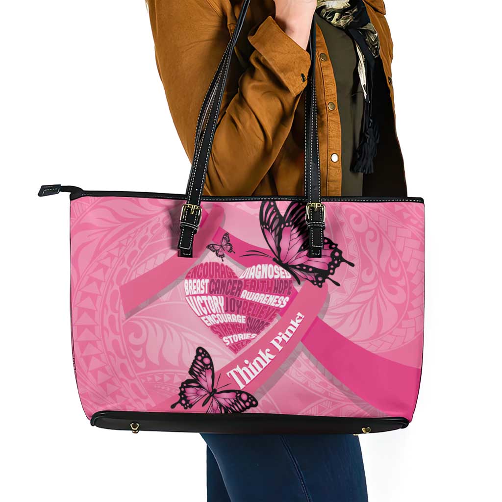 Polynesia Breast Cancer Awareness Month Leather Tote Bag Pink Ribbon Mix Butterflies