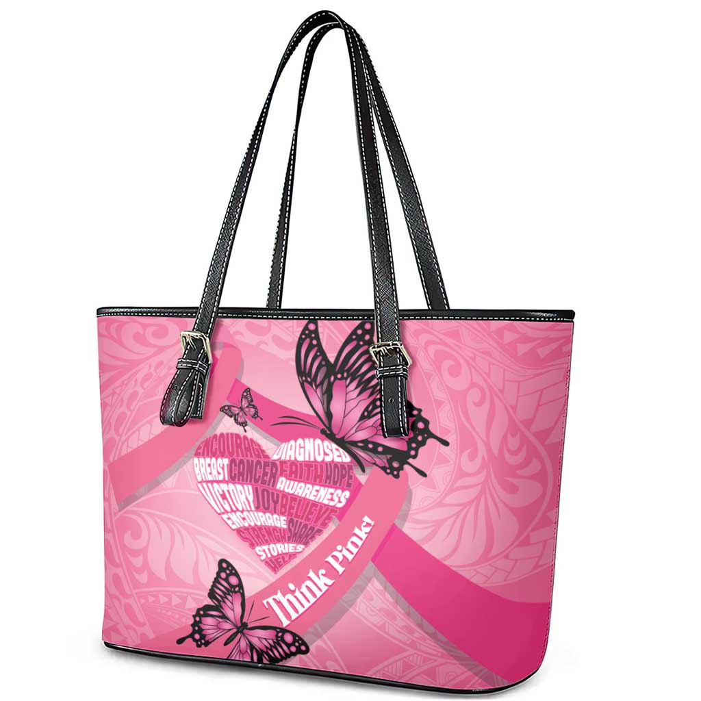 Polynesia Breast Cancer Awareness Month Leather Tote Bag Pink Ribbon Mix Butterflies