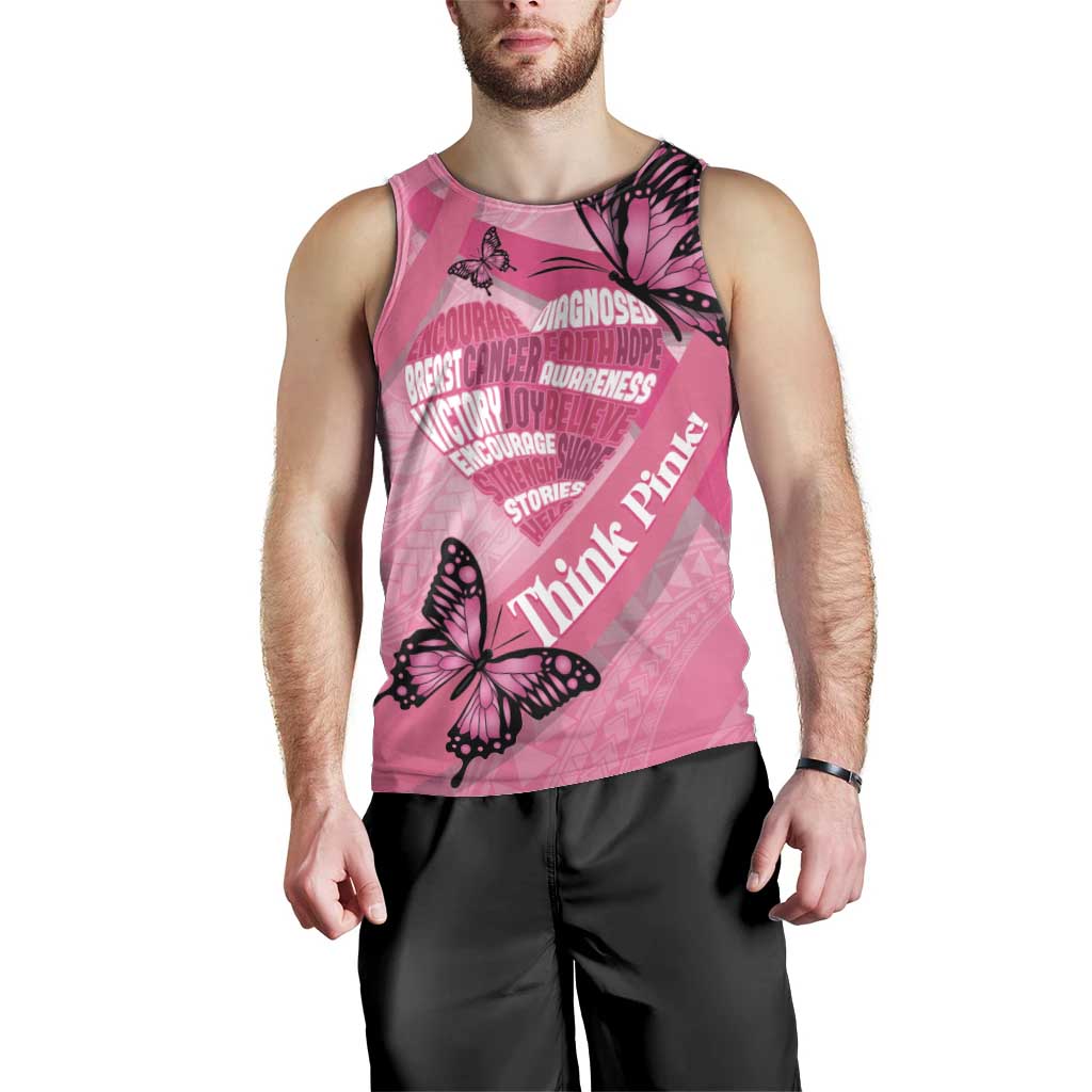 Polynesia Breast Cancer Awareness Month Men Tank Top Pink Ribbon Mix Butterflies