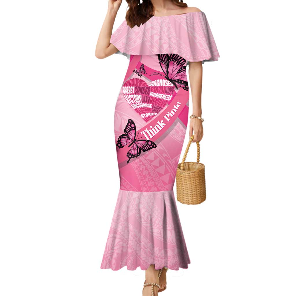 Polynesia Breast Cancer Awareness Month Mermaid Dress Pink Ribbon Mix Butterflies