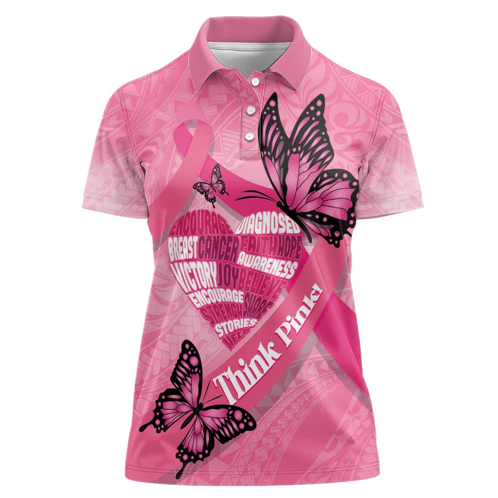Polynesia Breast Cancer Awareness Month Women Polo Shirt Pink Ribbon Mix Butterflies