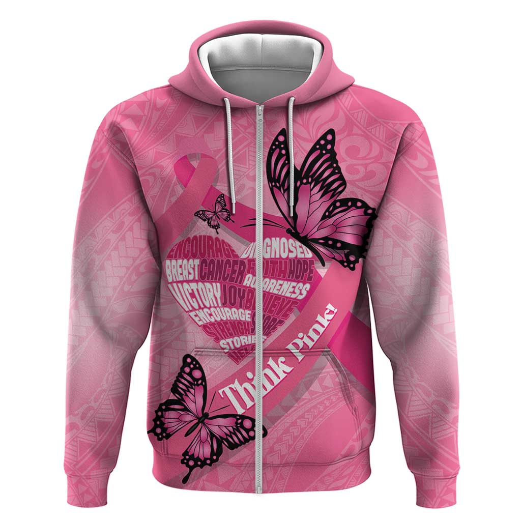 Polynesia Breast Cancer Awareness Month Zip Hoodie Pink Ribbon Mix Butterflies