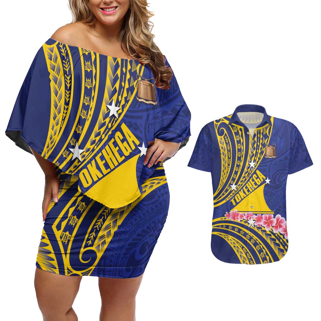Personalised Tokelau Tokehega Day Couples Matching Off Shoulder Short Dress and Hawaiian Shirt Tokelauan Tatau Flag Color - Polynesian Pride