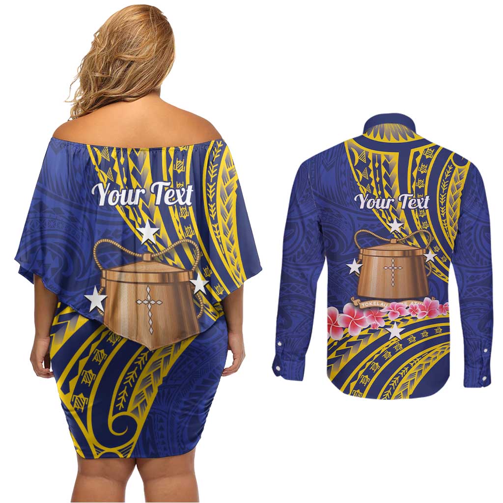 Personalised Tokelau Tokehega Day Couples Matching Off Shoulder Short Dress and Long Sleeve Button Shirt Tokelauan Tatau Flag Color - Polynesian Pride