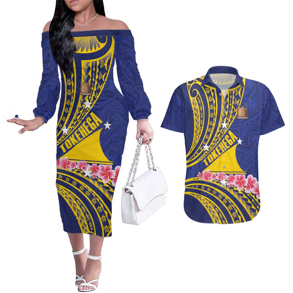 Personalised Tokelau Tokehega Day Couples Matching Off The Shoulder Long Sleeve Dress and Hawaiian Shirt Tokelauan Tatau Flag Color - Polynesian Pride