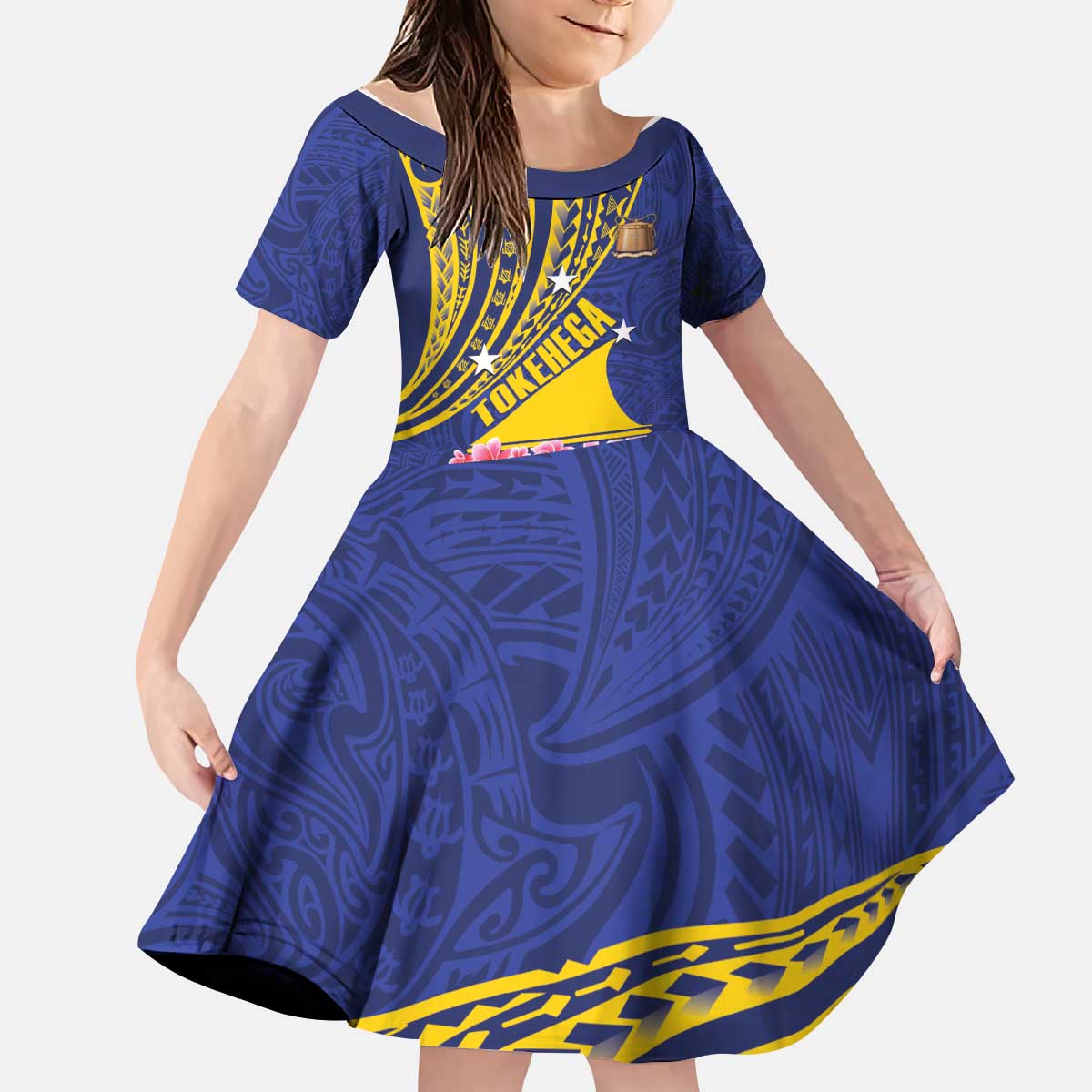 Personalised Tokelau Tokehega Day Kid Short Sleeve Dress Tokelauan Tatau Flag Color - Polynesian Pride