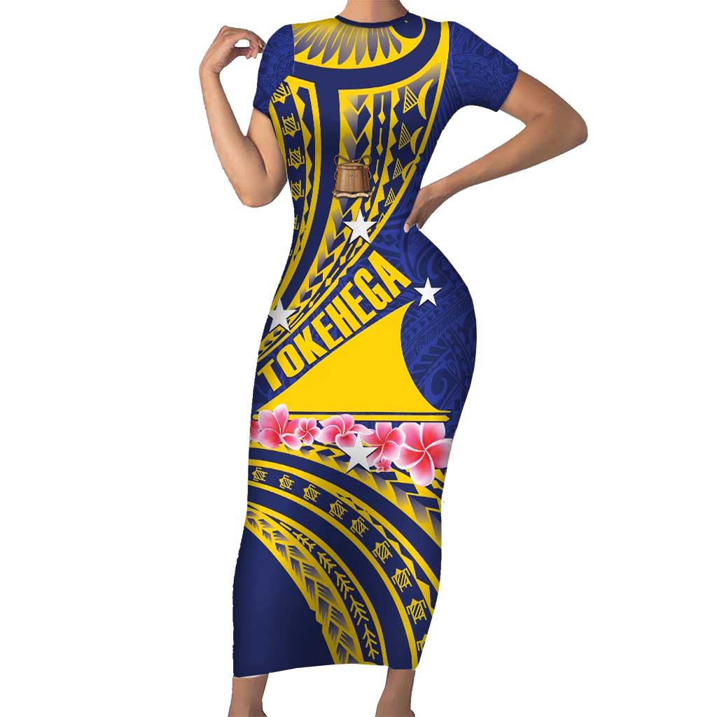 Personalised Tokelau Tokehega Day Short Sleeve Bodycon Dress Tokelauan Tatau Flag Color - Polynesian Pride