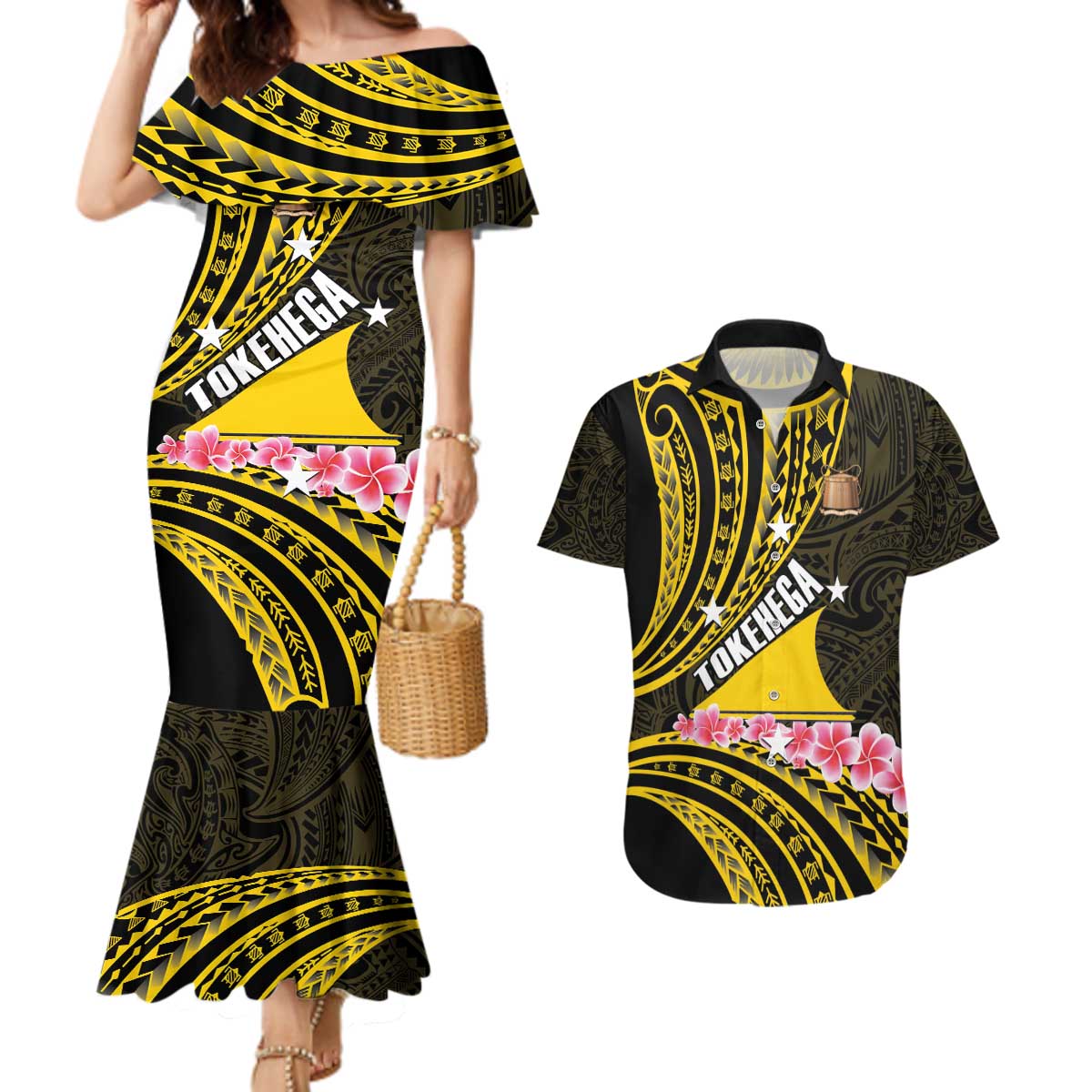 Personalised Tokelau Tokehega Day Couples Matching Mermaid Dress and Hawaiian Shirt Tokelauan Tatau Black Color - Polynesian Pride