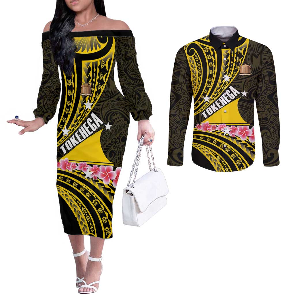 Personalised Tokelau Tokehega Day Couples Matching Off The Shoulder Long Sleeve Dress and Long Sleeve Button Shirt Tokelauan Tatau Black Color - Polynesian Pride