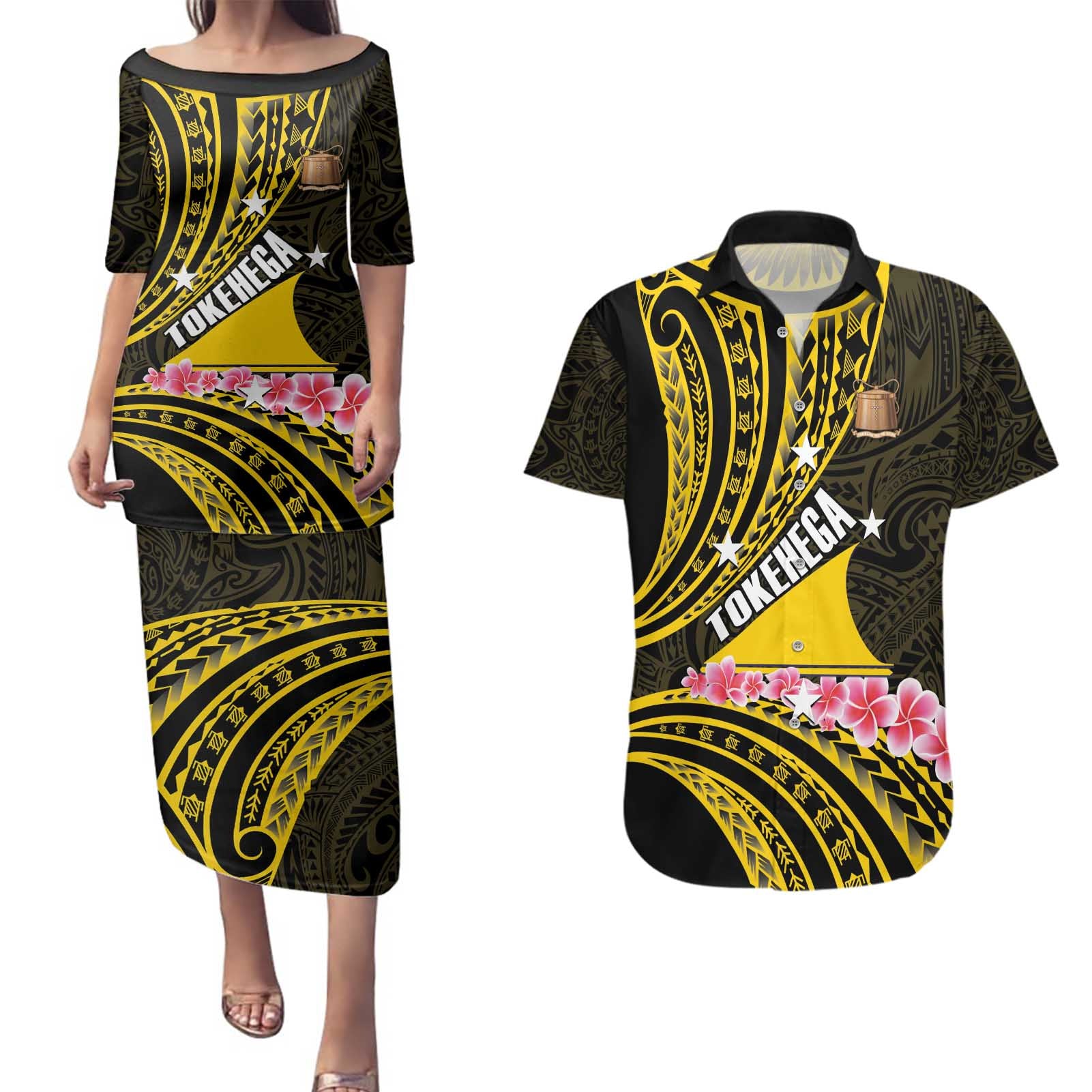 Personalised Tokelau Tokehega Day Couples Matching Puletasi and Hawaiian Shirt Tokelauan Tatau Black Color - Polynesian Pride