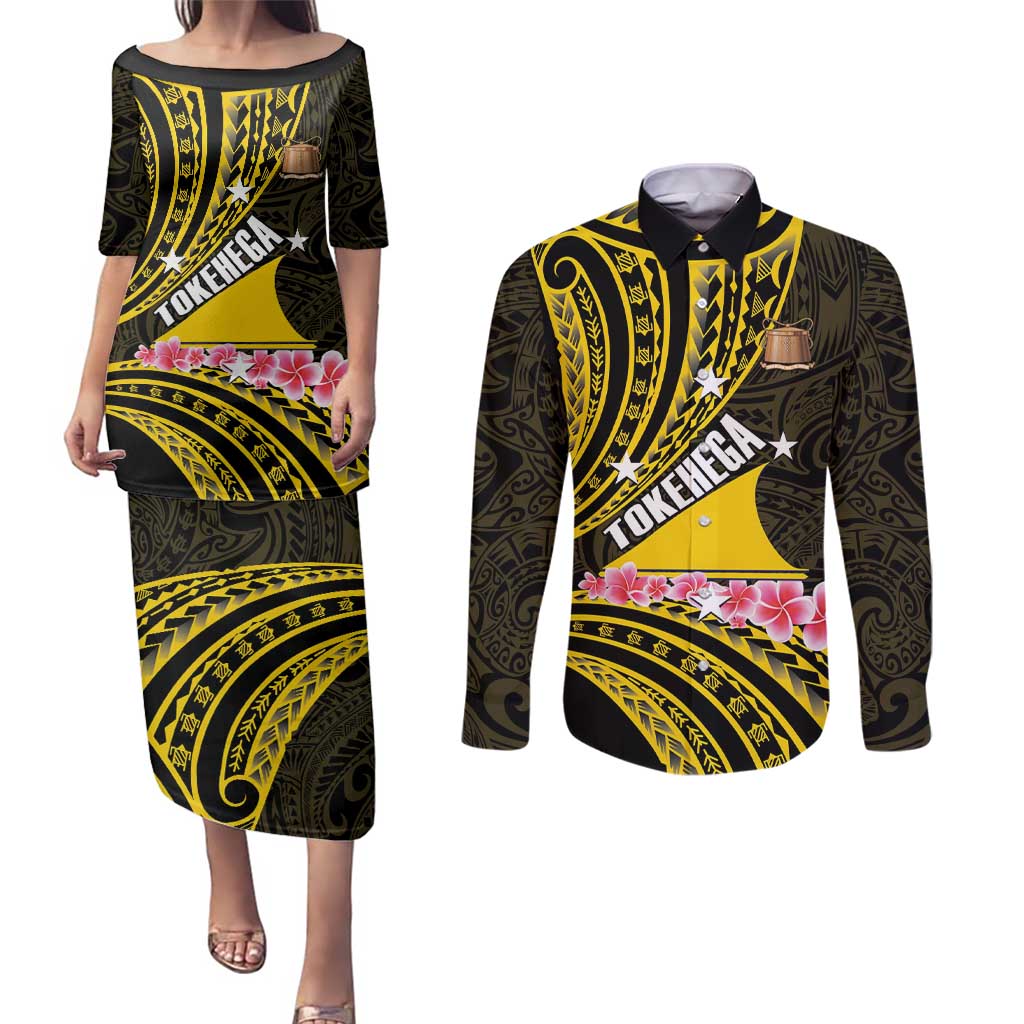 Personalised Tokelau Tokehega Day Couples Matching Puletasi and Long Sleeve Button Shirt Tokelauan Tatau Black Color - Polynesian Pride
