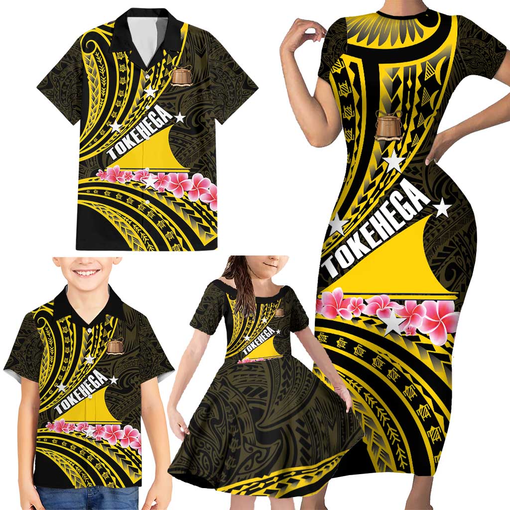 Personalised Tokelau Tokehega Day Family Matching Short Sleeve Bodycon Dress and Hawaiian Shirt Tokelauan Tatau Black Color - Polynesian Pride