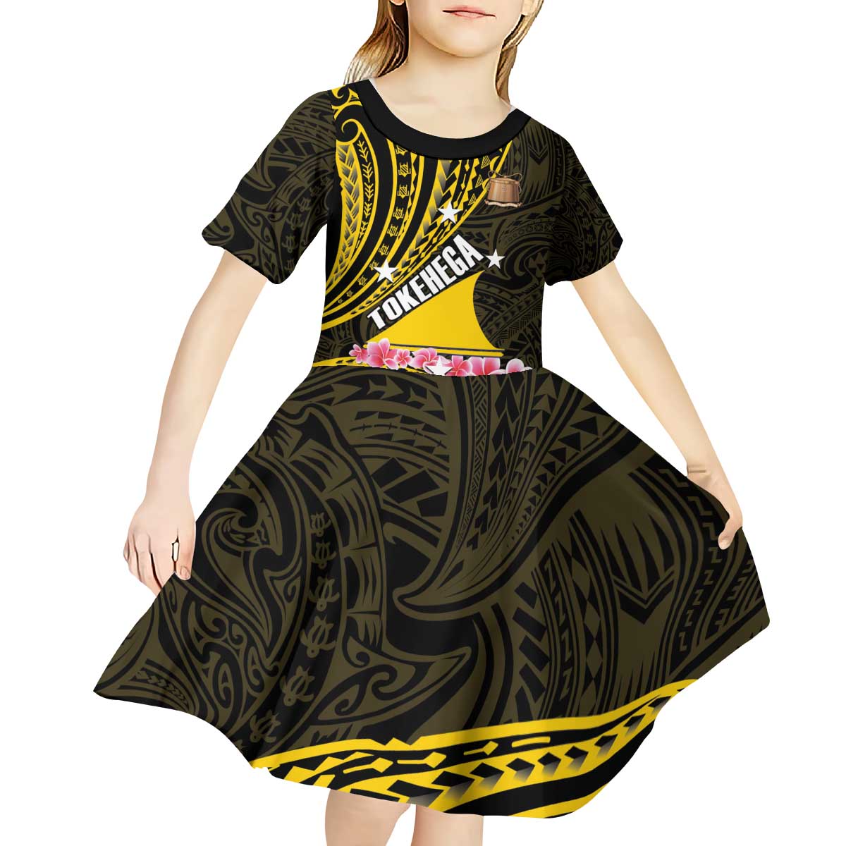 Personalised Tokelau Tokehega Day Kid Short Sleeve Dress Tokelauan Tatau Black Color - Polynesian Pride