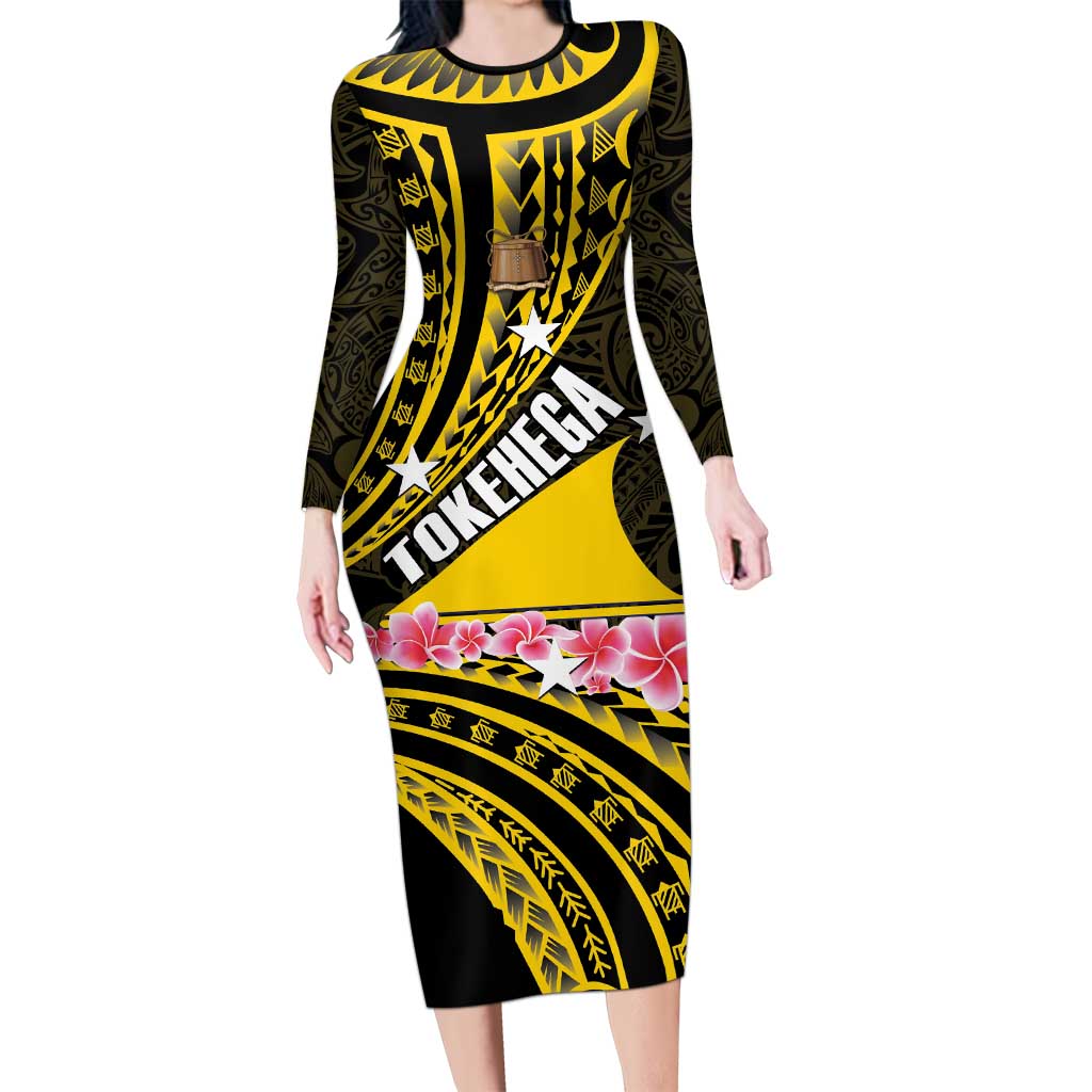 Personalised Tokelau Tokehega Day Long Sleeve Bodycon Dress Tokelauan Tatau Black Color - Polynesian Pride