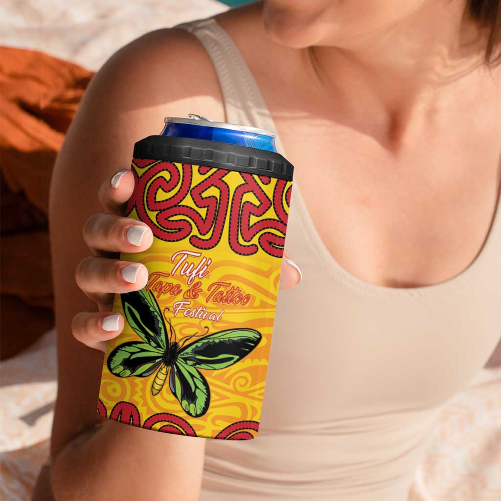 Personalised Tufi Tapa and Tattoo Festival 4 in 1 Can Cooler Tumbler PNG Oro Butterfly Tapa Pattern - Polynesian Pride
