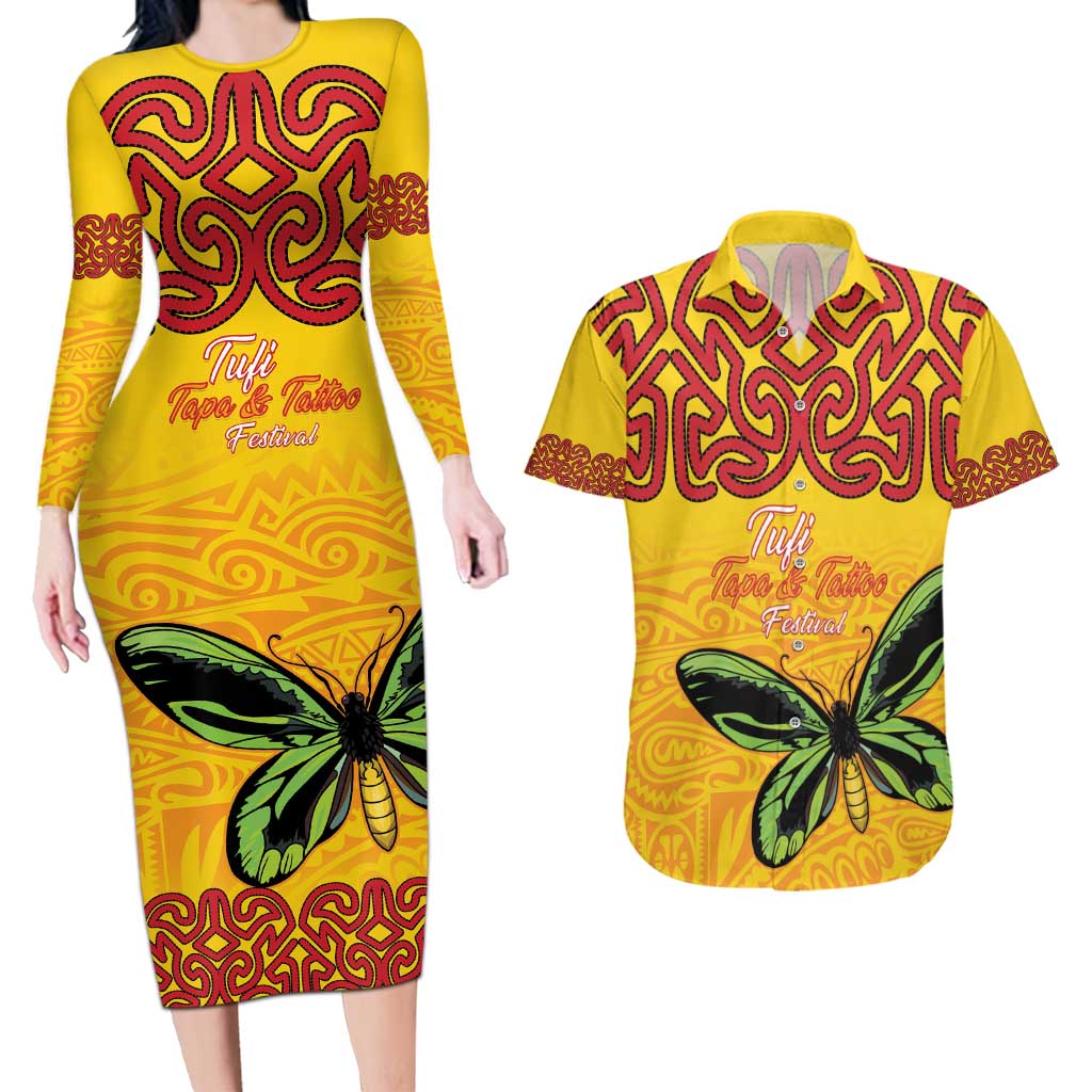 Personalised Tufi Tapa and Tattoo Festival Couples Matching Long Sleeve Bodycon Dress and Hawaiian Shirt PNG Oro Butterfly Tapa Pattern - Polynesian Pride