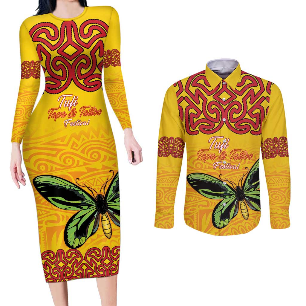 Personalised Tufi Tapa and Tattoo Festival Couples Matching Long Sleeve Bodycon Dress and Long Sleeve Button Shirt PNG Oro Butterfly Tapa Pattern - Polynesian Pride