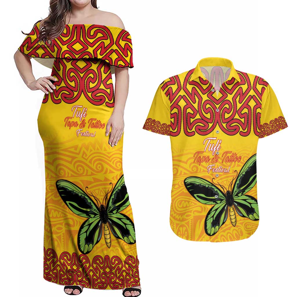 Personalised Tufi Tapa and Tattoo Festival Couples Matching Off Shoulder Maxi Dress and Hawaiian Shirt PNG Oro Butterfly Tapa Pattern - Polynesian Pride