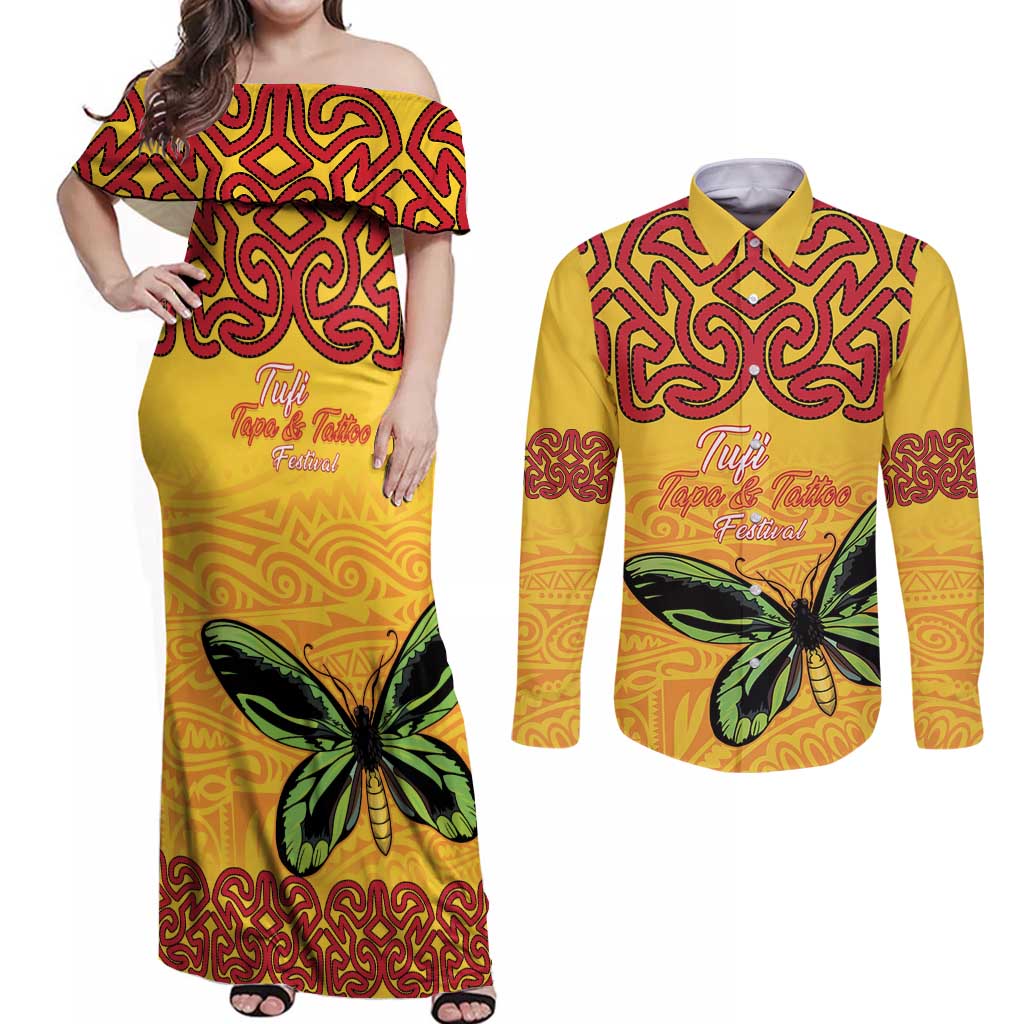 Personalised Tufi Tapa and Tattoo Festival Couples Matching Off Shoulder Maxi Dress and Long Sleeve Button Shirt PNG Oro Butterfly Tapa Pattern - Polynesian Pride