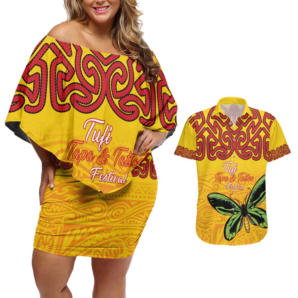 Personalised Tufi Tapa and Tattoo Festival Couples Matching Off Shoulder Short Dress and Hawaiian Shirt PNG Oro Butterfly Tapa Pattern - Polynesian Pride