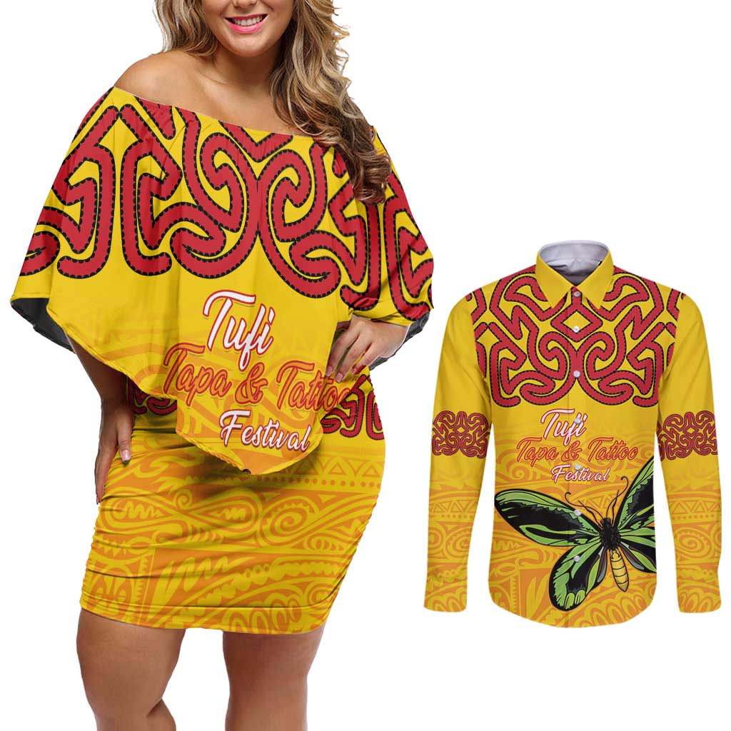 Personalised Tufi Tapa and Tattoo Festival Couples Matching Off Shoulder Short Dress and Long Sleeve Button Shirt PNG Oro Butterfly Tapa Pattern - Polynesian Pride