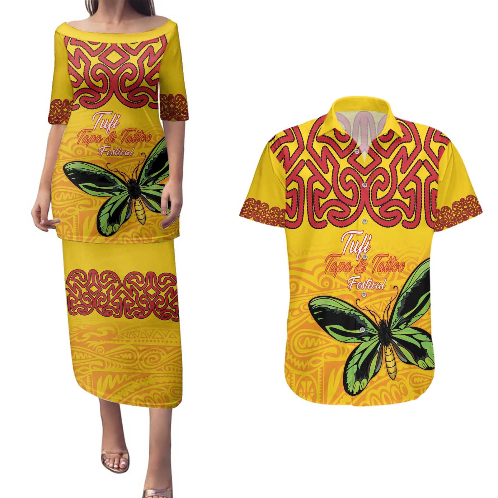 Personalised Tufi Tapa and Tattoo Festival Couples Matching Puletasi and Hawaiian Shirt PNG Oro Butterfly Tapa Pattern - Polynesian Pride