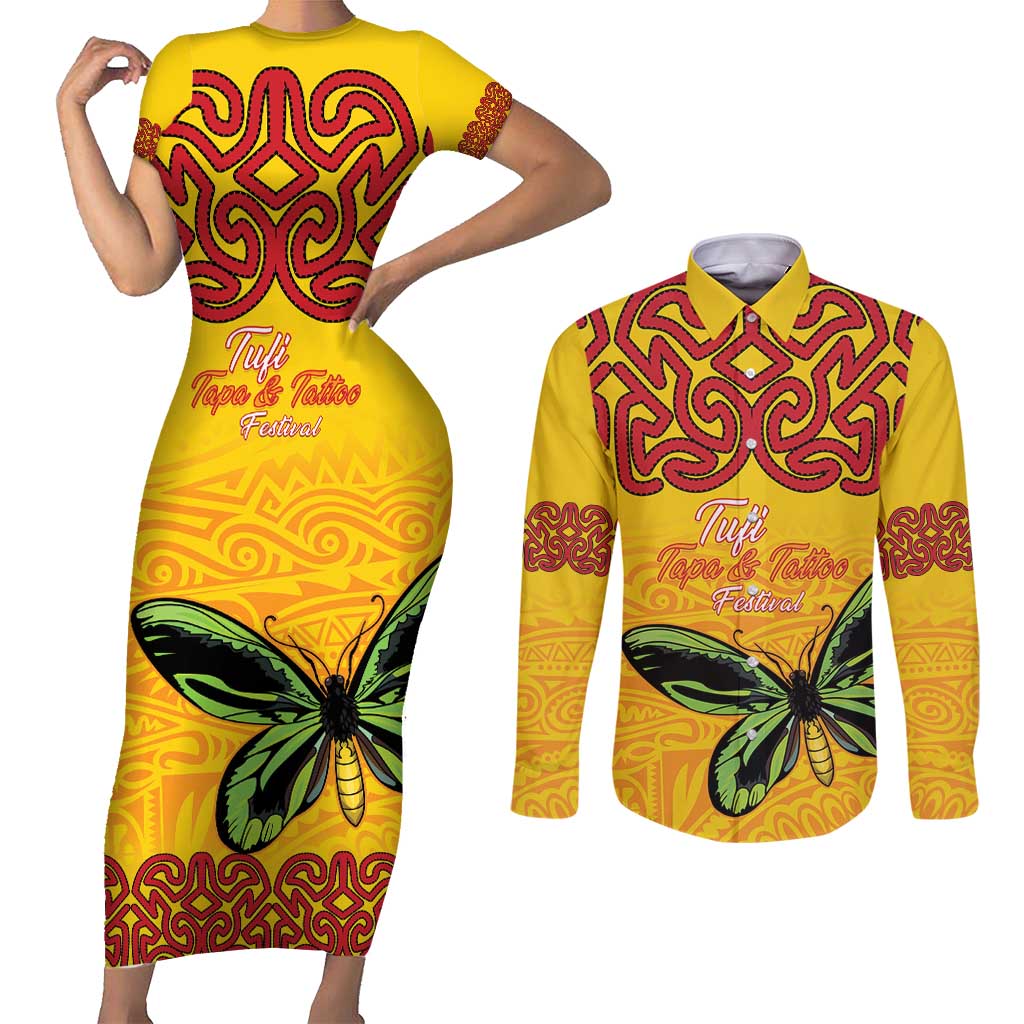 Personalised Tufi Tapa and Tattoo Festival Couples Matching Short Sleeve Bodycon Dress and Long Sleeve Button Shirt PNG Oro Butterfly Tapa Pattern - Polynesian Pride