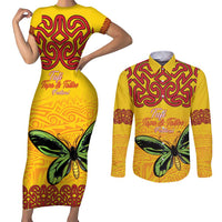 Personalised Tufi Tapa and Tattoo Festival Couples Matching Short Sleeve Bodycon Dress and Long Sleeve Button Shirt PNG Oro Butterfly Tapa Pattern - Polynesian Pride