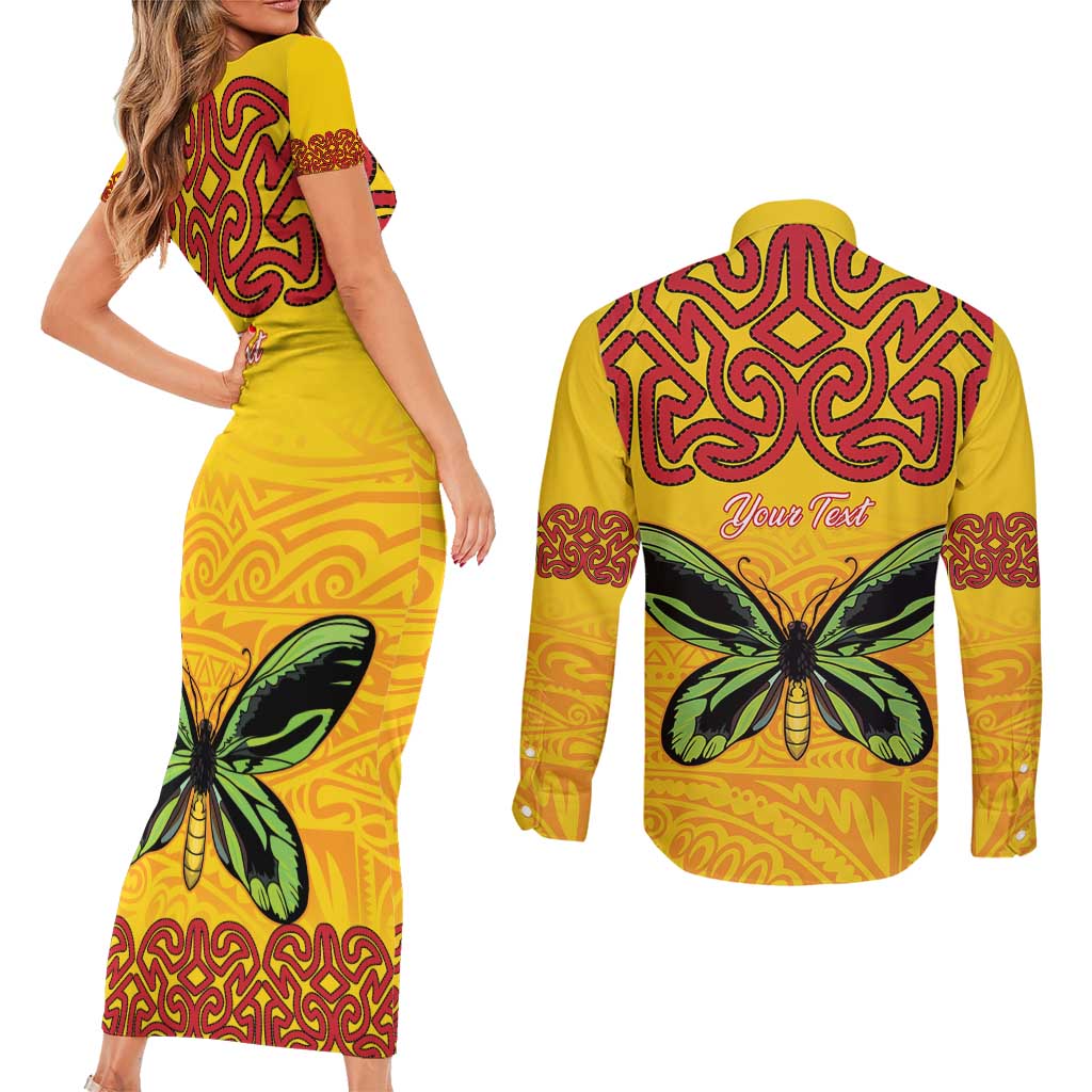 Personalised Tufi Tapa and Tattoo Festival Couples Matching Short Sleeve Bodycon Dress and Long Sleeve Button Shirt PNG Oro Butterfly Tapa Pattern - Polynesian Pride