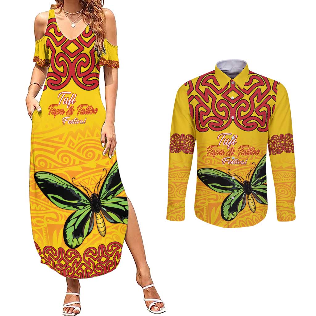 Personalised Tufi Tapa and Tattoo Festival Couples Matching Summer Maxi Dress and Long Sleeve Button Shirt PNG Oro Butterfly Tapa Pattern - Polynesian Pride