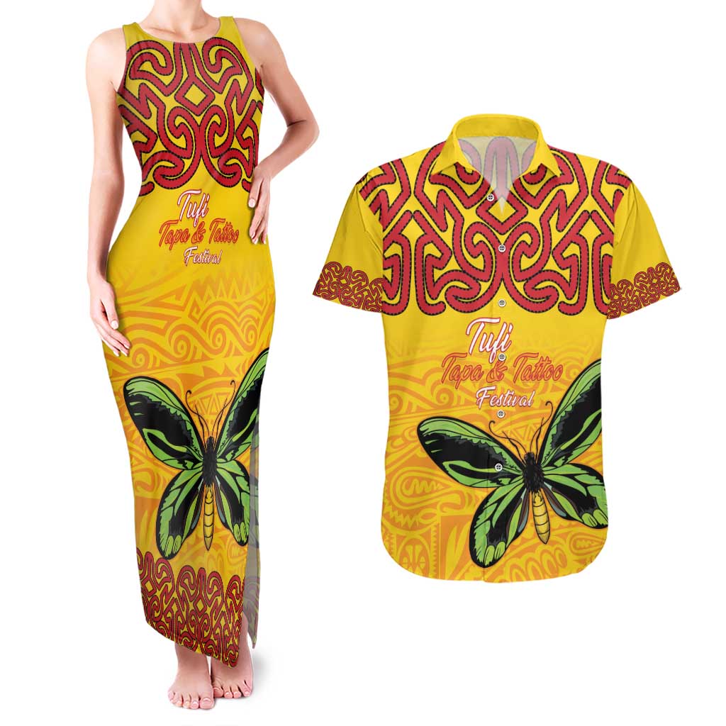 Personalised Tufi Tapa and Tattoo Festival Couples Matching Tank Maxi Dress and Hawaiian Shirt PNG Oro Butterfly Tapa Pattern - Polynesian Pride