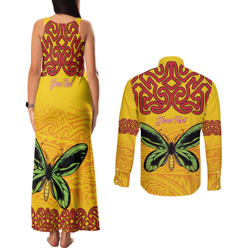 Personalised Tufi Tapa and Tattoo Festival Couples Matching Tank Maxi Dress and Long Sleeve Button Shirt PNG Oro Butterfly Tapa Pattern - Polynesian Pride