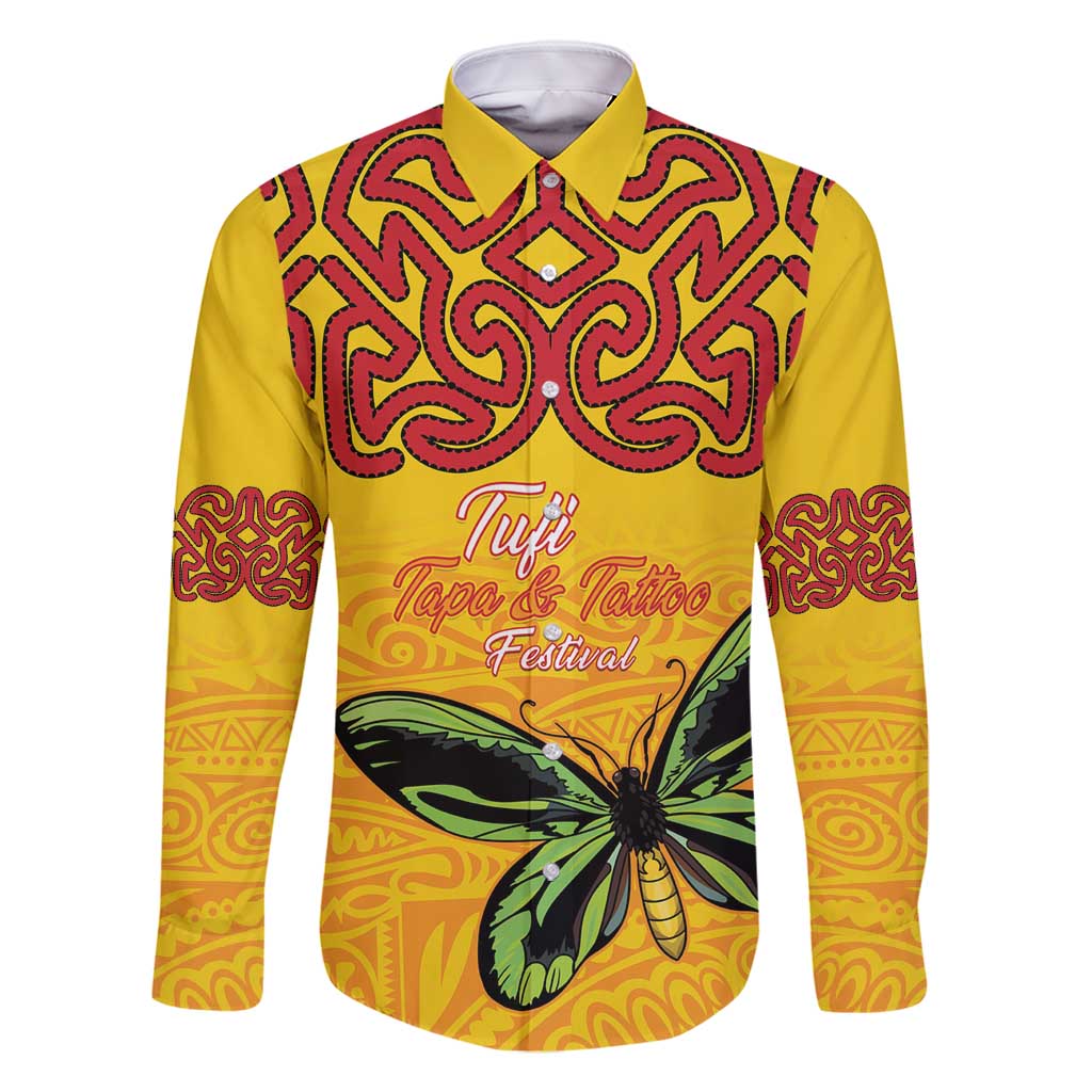 Personalised Tufi Tapa and Tattoo Festival Family Matching Long Sleeve Bodycon Dress and Hawaiian Shirt PNG Oro Butterfly Tapa Pattern LT14 Dad's Shirt - Long Sleeve Yellow - Polynesian Pride