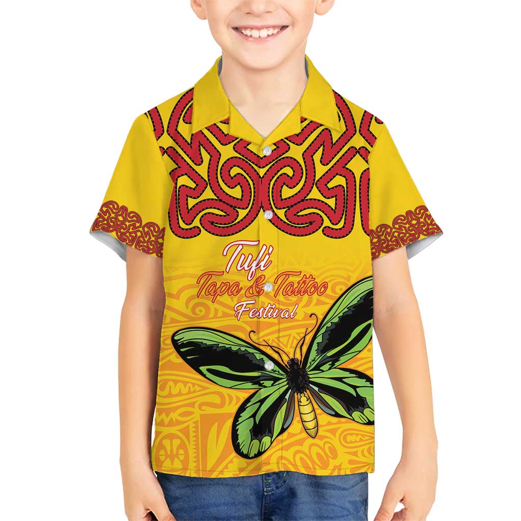 Personalised Tufi Tapa and Tattoo Festival Family Matching Long Sleeve Bodycon Dress and Hawaiian Shirt PNG Oro Butterfly Tapa Pattern LT14 Son's Shirt Yellow - Polynesian Pride