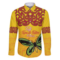 Personalised Tufi Tapa and Tattoo Festival Family Matching Short Sleeve Bodycon Dress and Hawaiian Shirt PNG Oro Butterfly Tapa Pattern LT14 Dad's Shirt - Long Sleeve Yellow - Polynesian Pride