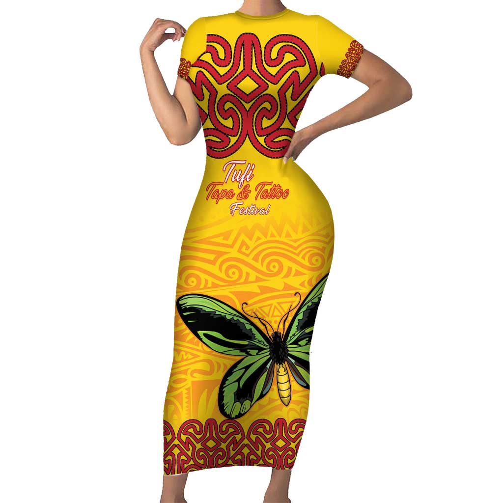 Personalised Tufi Tapa and Tattoo Festival Family Matching Short Sleeve Bodycon Dress and Hawaiian Shirt PNG Oro Butterfly Tapa Pattern LT14 Mom's Dress Yellow - Polynesian Pride