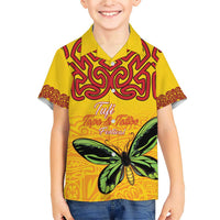 Personalised Tufi Tapa and Tattoo Festival Family Matching Short Sleeve Bodycon Dress and Hawaiian Shirt PNG Oro Butterfly Tapa Pattern LT14 Son's Shirt Yellow - Polynesian Pride