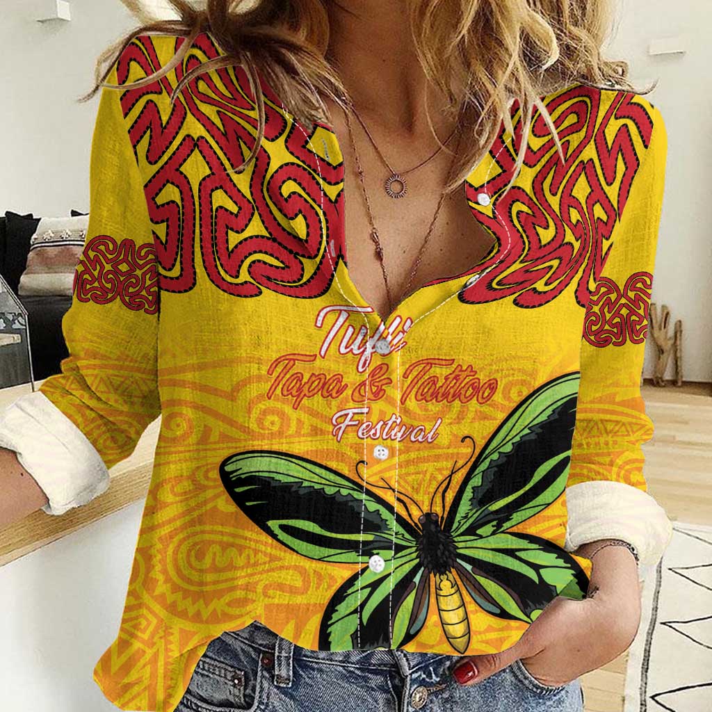 Personalised Tufi Tapa and Tattoo Festival Women Casual Shirt PNG Oro Butterfly Tapa Pattern LT14 Female Yellow - Polynesian Pride
