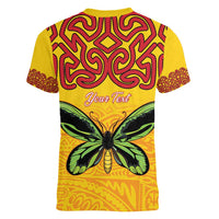 Personalised Tufi Tapa and Tattoo Festival Women V-Neck T-Shirt PNG Oro Butterfly Tapa Pattern - Polynesian Pride