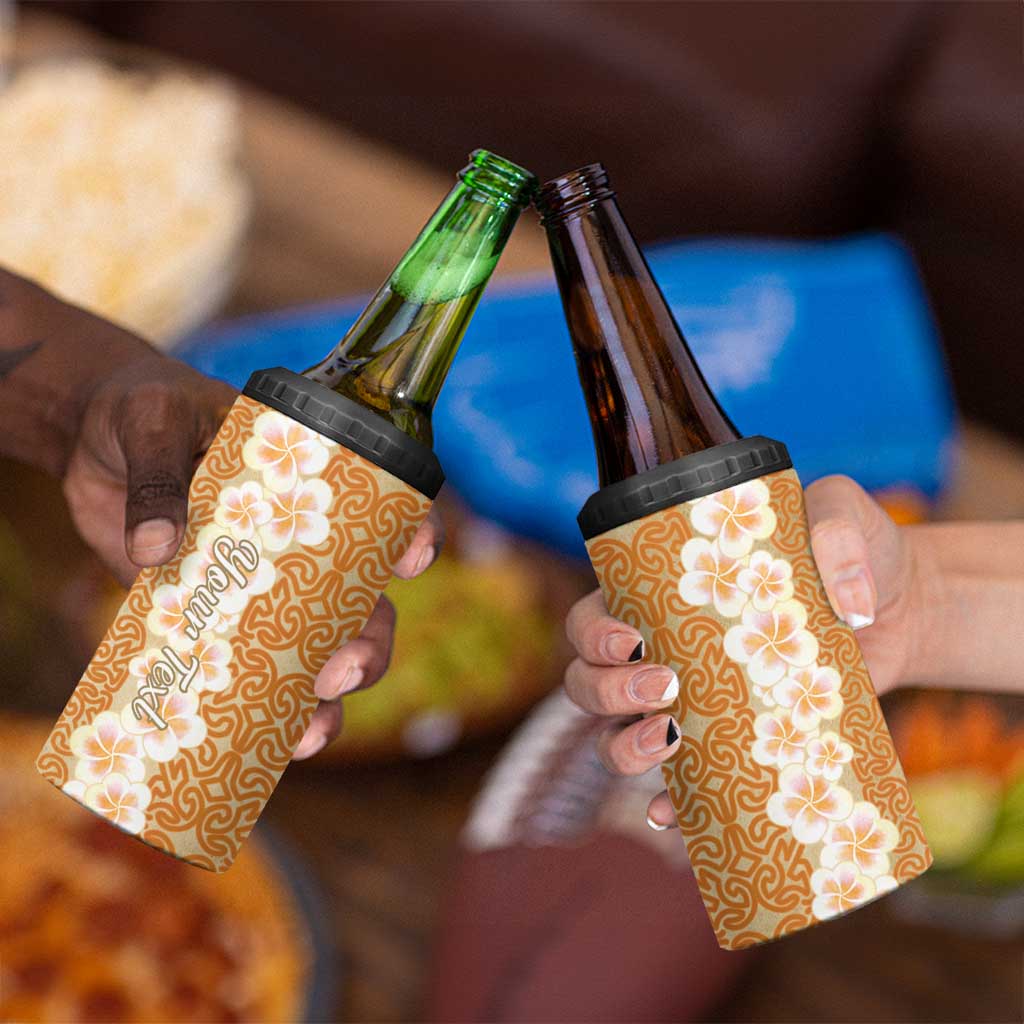 Personalised Tufi Tapa and Tattoo Festival 4 in 1 Can Cooler Tumbler Oro Tapa Cloth With Plumeria - Polynesian Pride