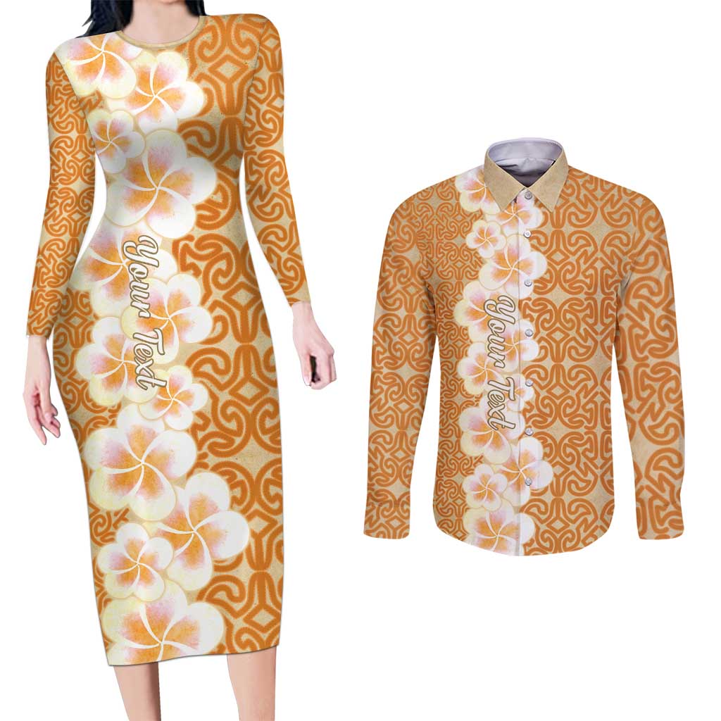 Personalised Tufi Tapa and Tattoo Festival Couples Matching Long Sleeve Bodycon Dress and Long Sleeve Button Shirt Oro Tapa Cloth With Plumeria LT14 Brown - Polynesian Pride