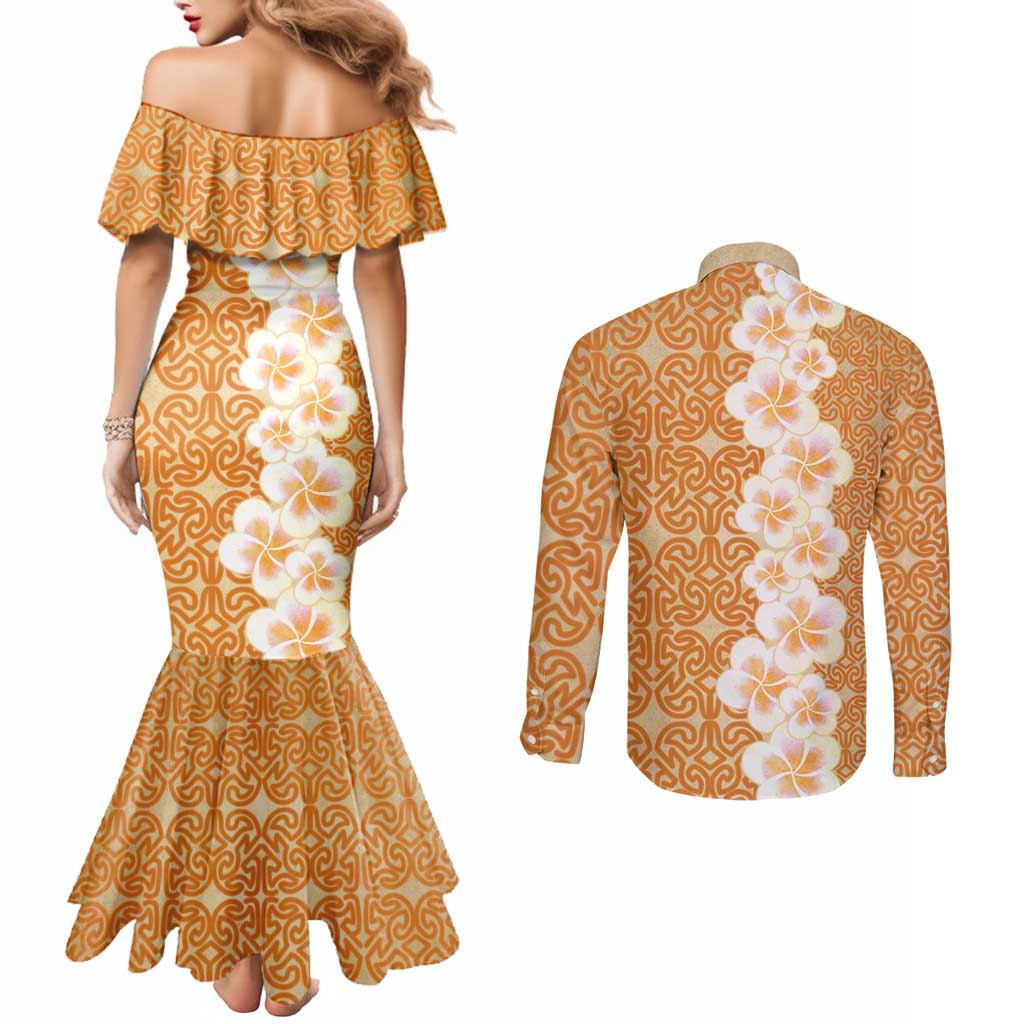 Personalised Tufi Tapa and Tattoo Festival Couples Matching Mermaid Dress and Long Sleeve Button Shirt Oro Tapa Cloth With Plumeria LT14 - Polynesian Pride