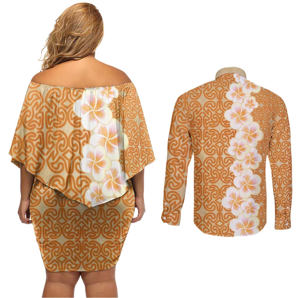Personalised Tufi Tapa and Tattoo Festival Couples Matching Off Shoulder Short Dress and Long Sleeve Button Shirt Oro Tapa Cloth With Plumeria LT14 - Polynesian Pride