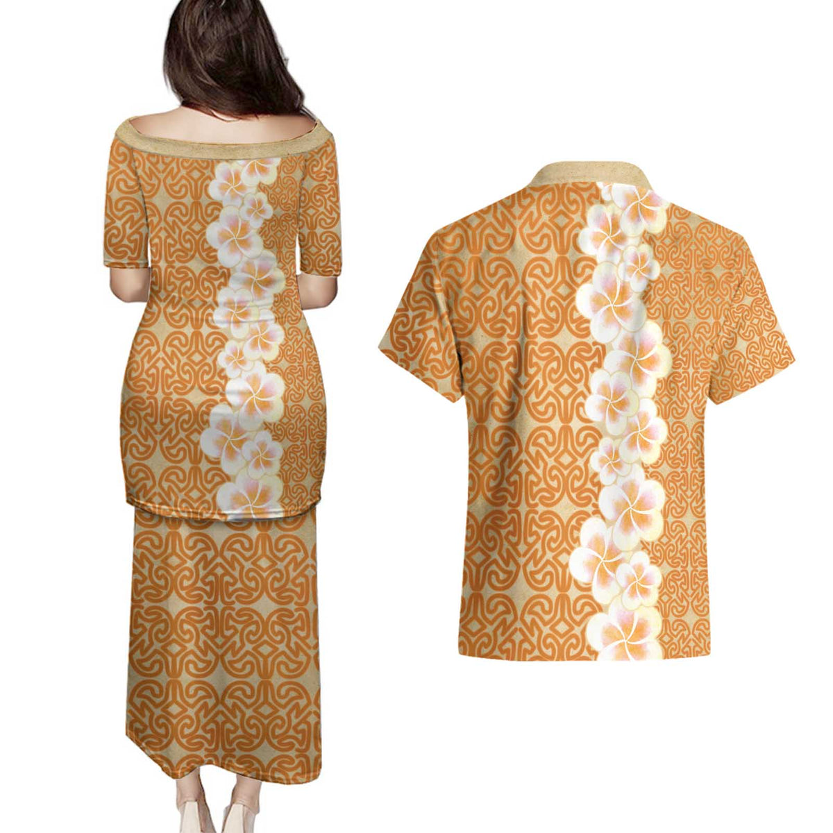 Personalised Tufi Tapa and Tattoo Festival Couples Matching Puletasi and Hawaiian Shirt Oro Tapa Cloth With Plumeria LT14 - Polynesian Pride