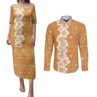 Personalised Tufi Tapa and Tattoo Festival Couples Matching Puletasi and Long Sleeve Button Shirt Oro Tapa Cloth With Plumeria LT14 Brown - Polynesian Pride